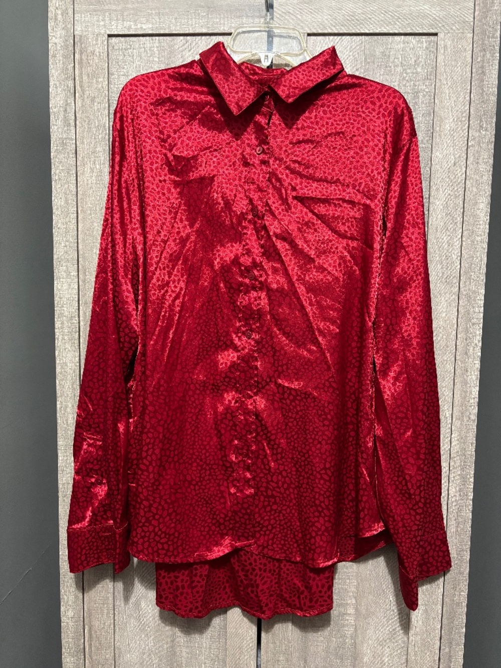 Women's First Love red leopard print satin button down top 3X plus